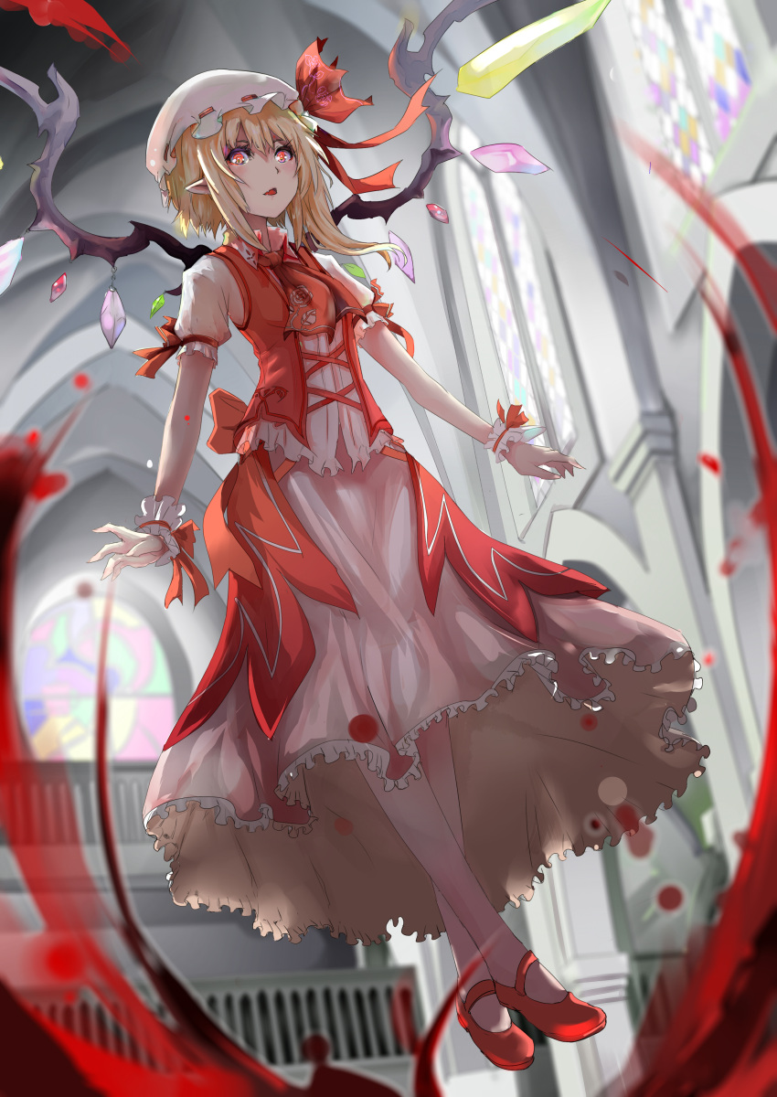 1girl, absurdres, adapted_costume, ascot, blonde_hair, blood, church, flandre_scarlet