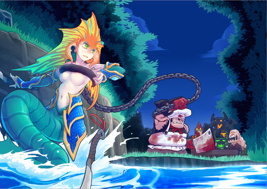 apron, armor, blood, bloody_clothes, chain, chef_hat, cleaver, defense_of_the_ancients, dota_2, forest, grass, hat, hook, lifestealer_(dota_2), monster_girl, naga_siren_(dota_2), nature, night, no_nipples, pudge_(dota_2), pugna_(dota_2), river, riverbank, shadow_fiend_(dota_2), silencer_(dota_2), stitches, sword, table, weapon