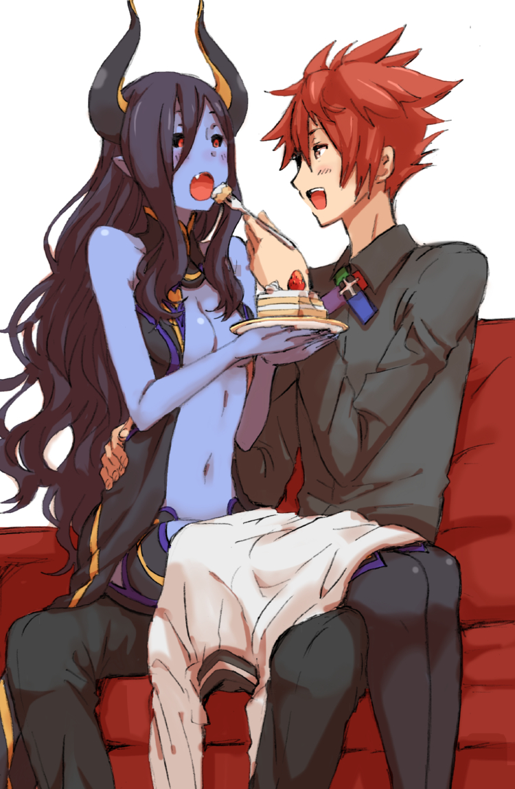 bare_shoulders, black_hair, black_sclera, blue_skin, blush, breasts, cake, fang