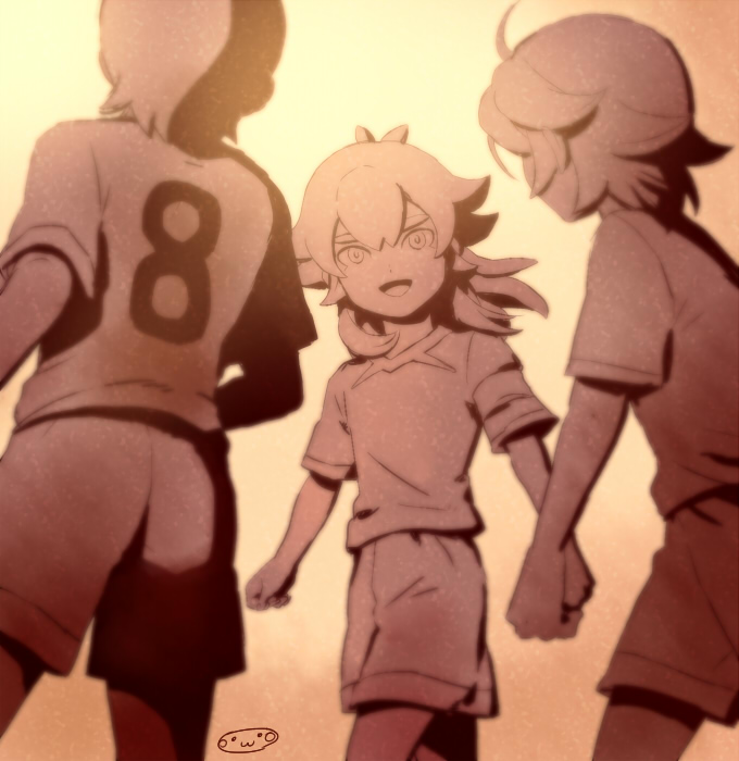 3boys, inazuma_eleven_(series), inazuma_eleven_go, izumi_kanaaki, kidokawa_seishuu, kishibe_taiga, long_hair, male, mizuhara_aki, monochrome, multiple_boys, open_mouth, soccer_uniform, solo_focus, tobisawa_mana
