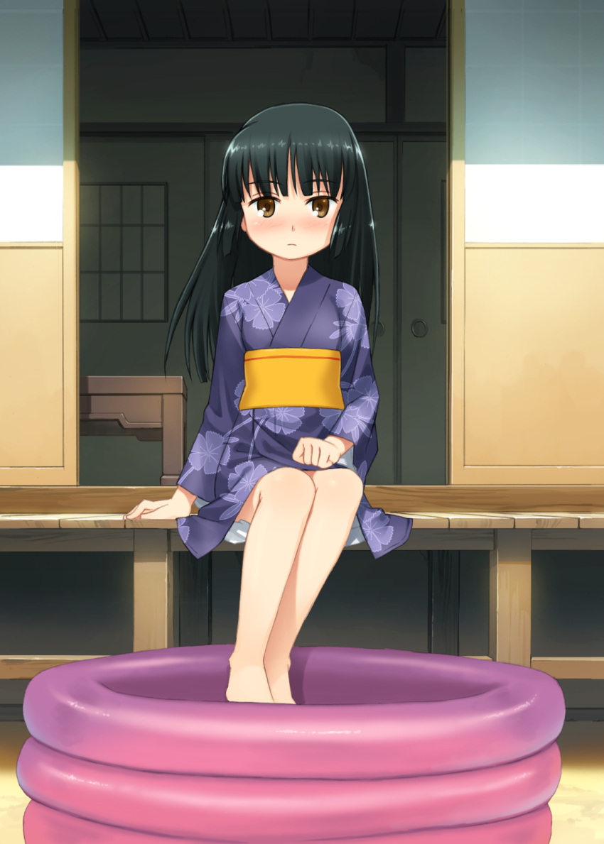1girl, arm_support, black_hair, blush, brown_eyes, highres, japanese_clothes, kimono