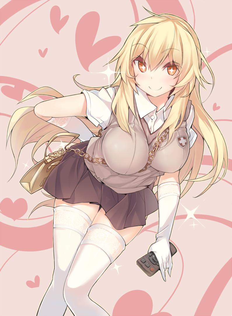 +_+, 1girl, blonde_hair, blush, breasts, controller, cozyquilt, elbow_gloves