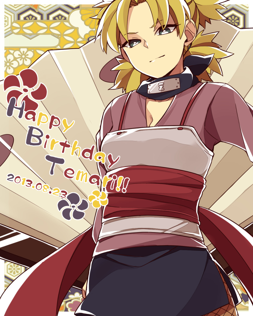 1girl, blonde_hair, character_name, fan, forehead_protector, happy_birthday, headband_around_neck, highres