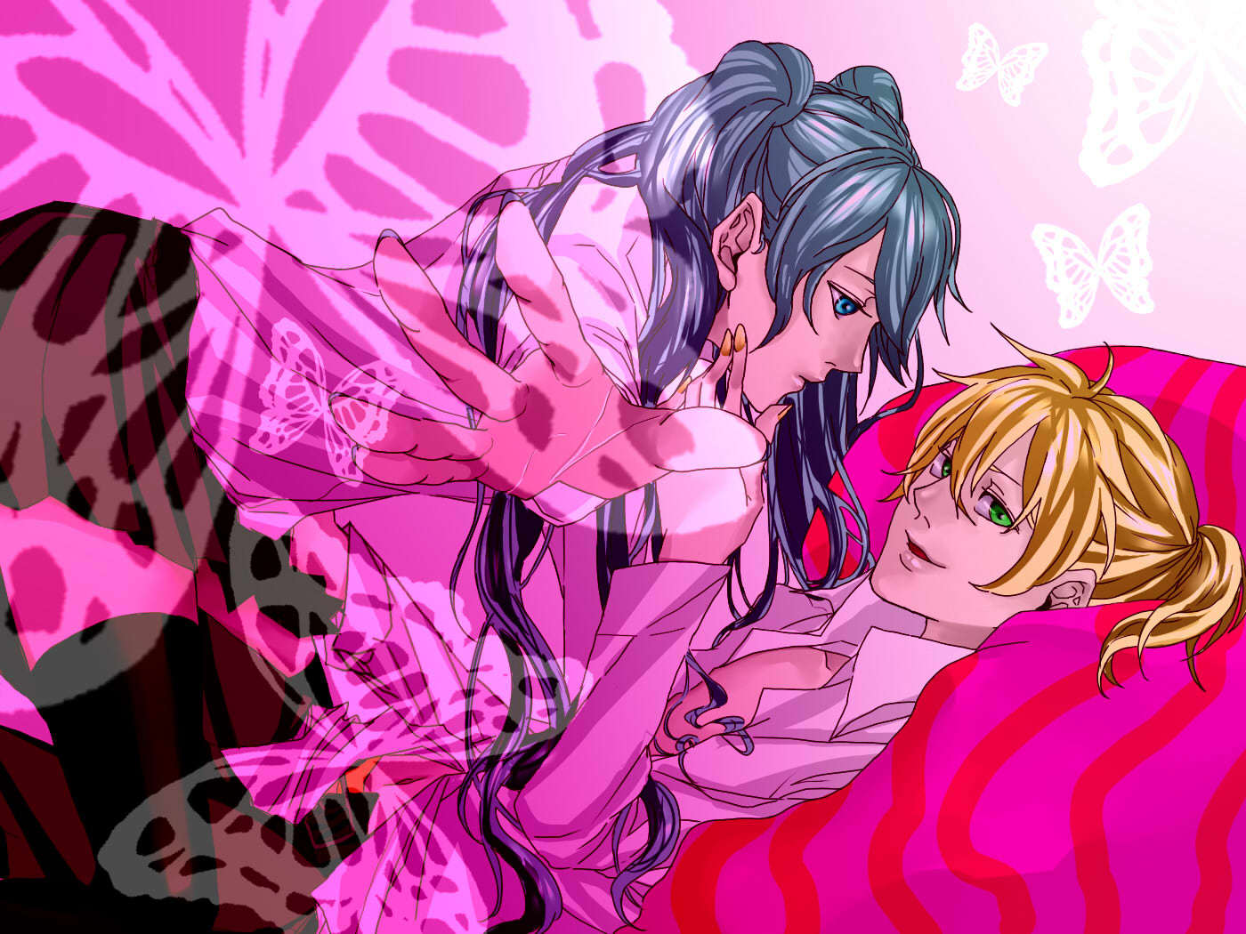 1girl, aqua_eyes, aqua_hair, blonde_hair, couple, girl_on_top, green_eyes, hands
