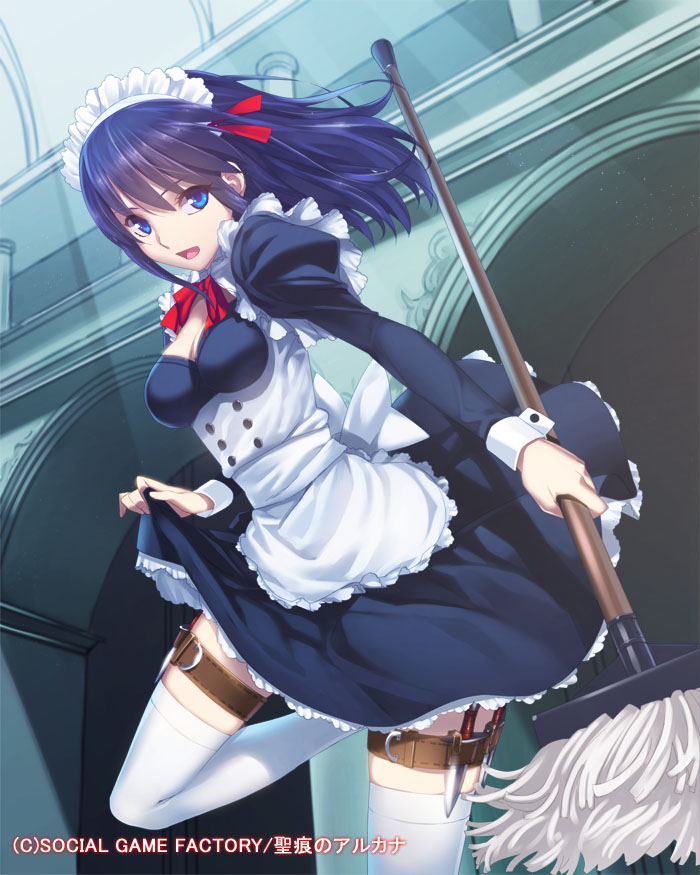 1girl, black_hair, blue_eyes, breasts, cleavage, cleavage_cutout, decantering, garter_straps