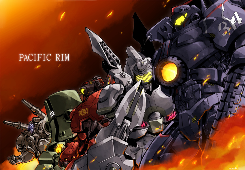 cherno_alpha, coyote_tango, crimson_typhoon, fire, gipsy_danger, glowing, mecha, no_humans, pacific_rim, science_fiction, striker_eureka, super_robot