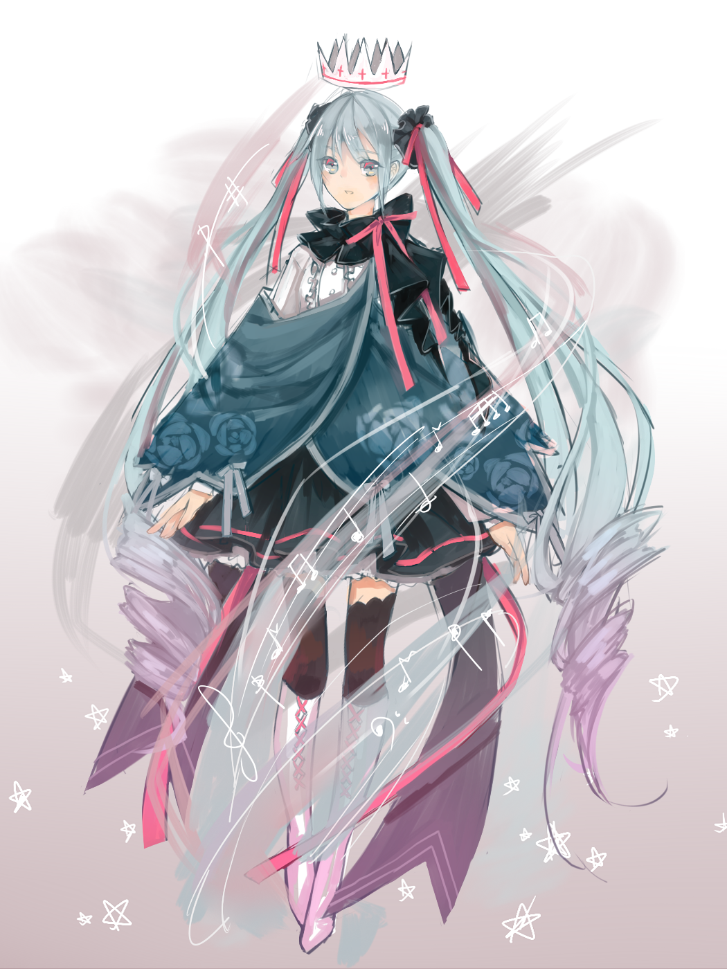 1girl, boots, crown, fei_(songyijie), hatsune_miku, highres, knee_boots, long_hair
