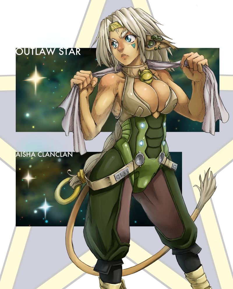 1girl, aisha_clanclan, animal_ears, bell, bell_collar, blue_eyes, braid, breasts