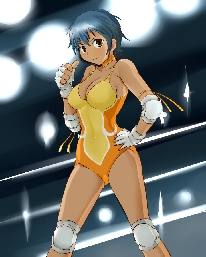 1girl, blue_hair, breasts, brown_eyes, cleavage, dark_skin, despina_libre, elbow_pads, fingerless_gloves, gloves, knee_pads, leotard, light, sableye, smile, solo, tanaka_rikimaru, vest, wrestle_angels, wrestle_angels_survivor, wrestle_angels_survivor_2, wrestling_outfit, wrestling_ring