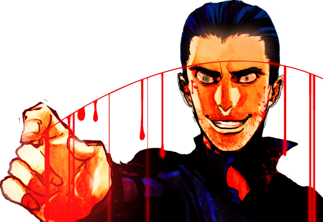 artist_request, blood, crazy, crazy_eyes, evil_grin, evil_smile, eyebrows, face, facial_hair, green_eyes, grin, hands, harara, heroes, male, nbc, pointing, simple_background, smile, solo, stubble, sylar