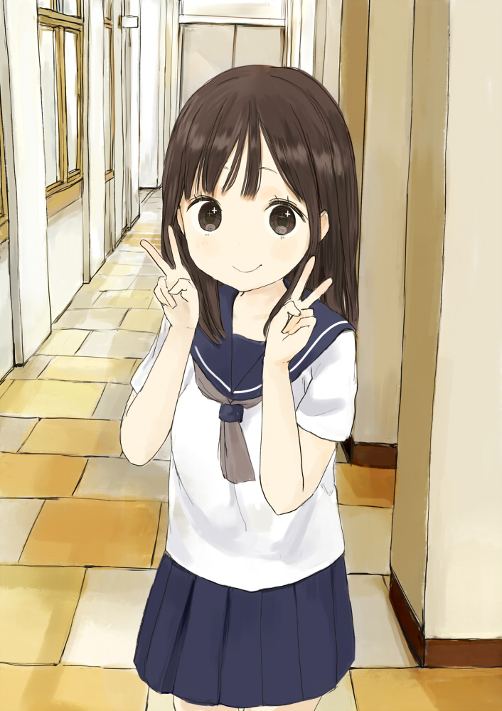 1girl, brown_eyes, brown_hair, double_v, long_hair, nasuna, original, school_uniform