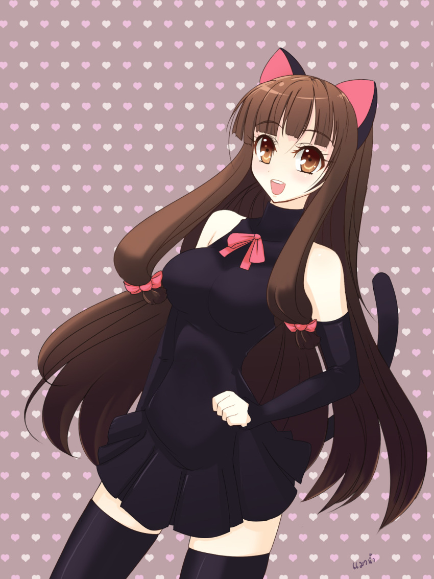 1girl, animal_ears, bare_shoulders, black_legwear, bow, breasts, brown_eyes, brown_hair, cat_ears, cat_tail, detached_sleeves, dress, hair_bow, heart, heart_background, highres, kemonomimi_mode, konoe_konoka, large_breasts, long_hair, mahou_sensei_negima!, open_mouth, payot, short_dress, signature, slender_waist, smile, solo, tail, thighhighs, watercat