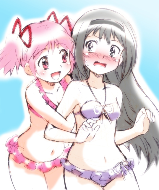 2girls, akemi_homura, arm_grab, bikini, black_hair, blush, hair_ribbon, hairband