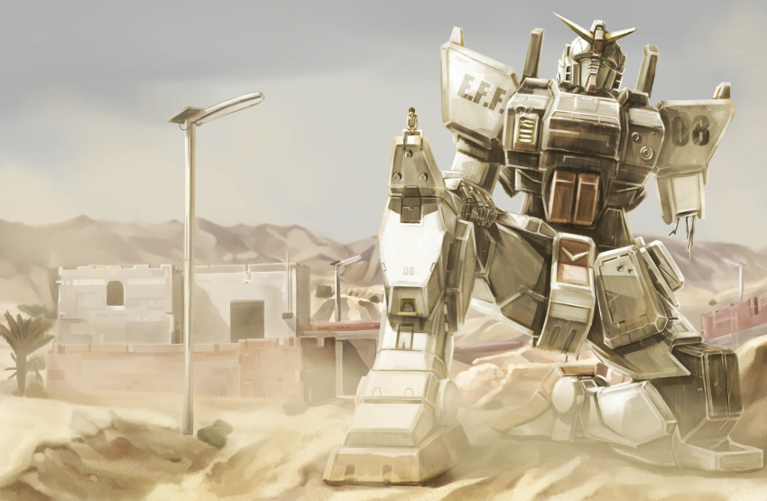 1boy, asmind, damaged, desert, dust, ground_gundam, gundam, gundam_08th_ms_team