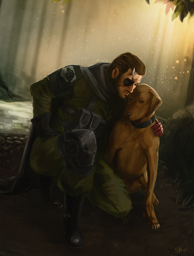 beard, big_boss, boots, brown_hair, cape, diamond_dogs, dog, dog_collar, eyepatch, facial_hair, forest, horn, injury, logo, mechanical_arm, metal_gear, metal_gear_solid_v, military, military_uniform, naked_snake, nature, pet, realistic, see_hang, spoilers, sunbeam, sunlight, uniform