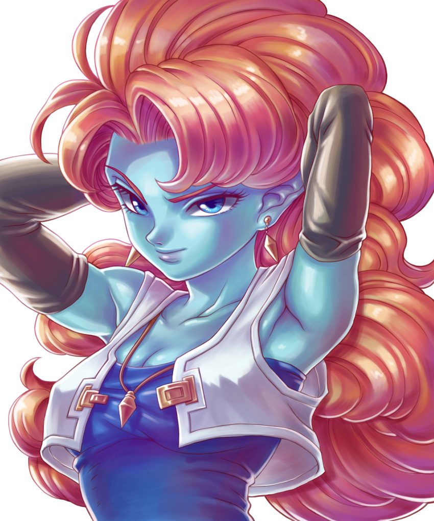 1girl, absurdres, adjusting_hair, blue_eyes, blue_skin, breasts, bust, cleavage