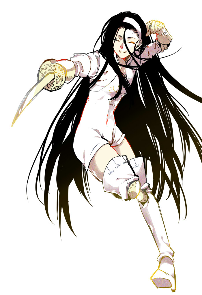 1girl, armor, atama0212, black_hair, boots, closed_eyes, dress, geera, gloves, hair_ornament, hairband, long_hair, looking_at_viewer, nanatsu_no_taizai, simple_background, smile, solo, sword, thigh-highs, thigh_boots, very_long_hair, weapon, white_background, white_dress