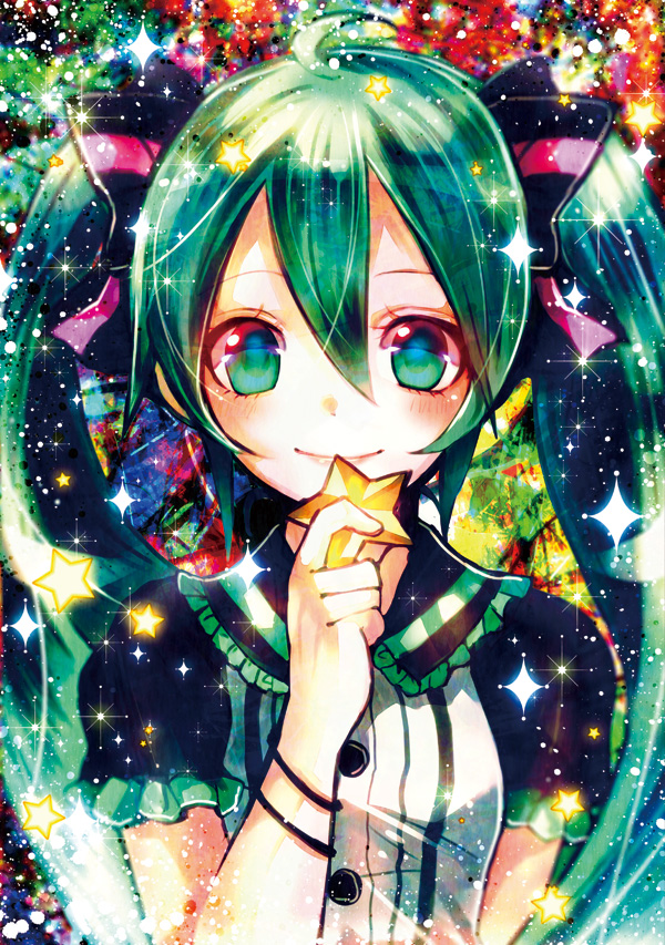 1girl, aqua_eyes, bad_id, bow, dress, green_hair, hatsune_miku, long_hair