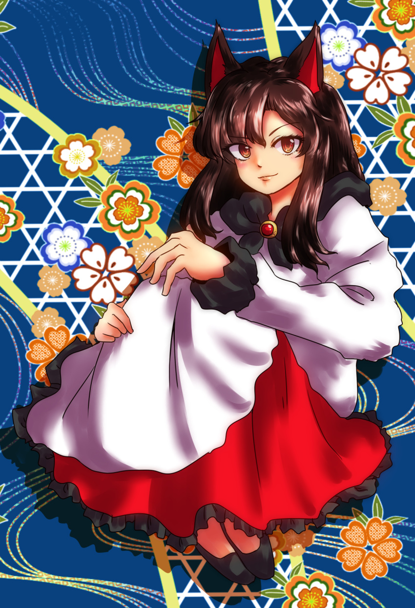 1girl, animal_ears, brooch, brown_hair, dress, floral_background, highres, imaizumi_kagerou