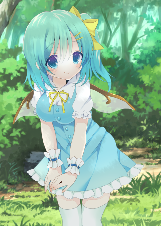 1girl, blush, bow, breasts, daiyousei, dress, green_hair, hair_bow, kokorominton, large_breasts, looking_at_viewer, side_ponytail, smile, solo, thigh-highs, touhou, white_legwear, wings, wrist_cuffs