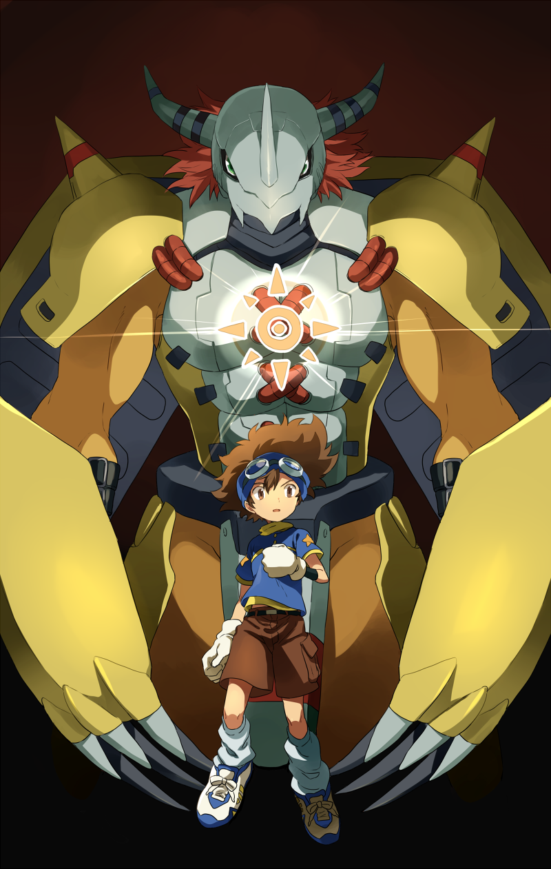 armor, belt, brown_eyes, brown_hair, buckle, claws, digimon, digimon_adventure