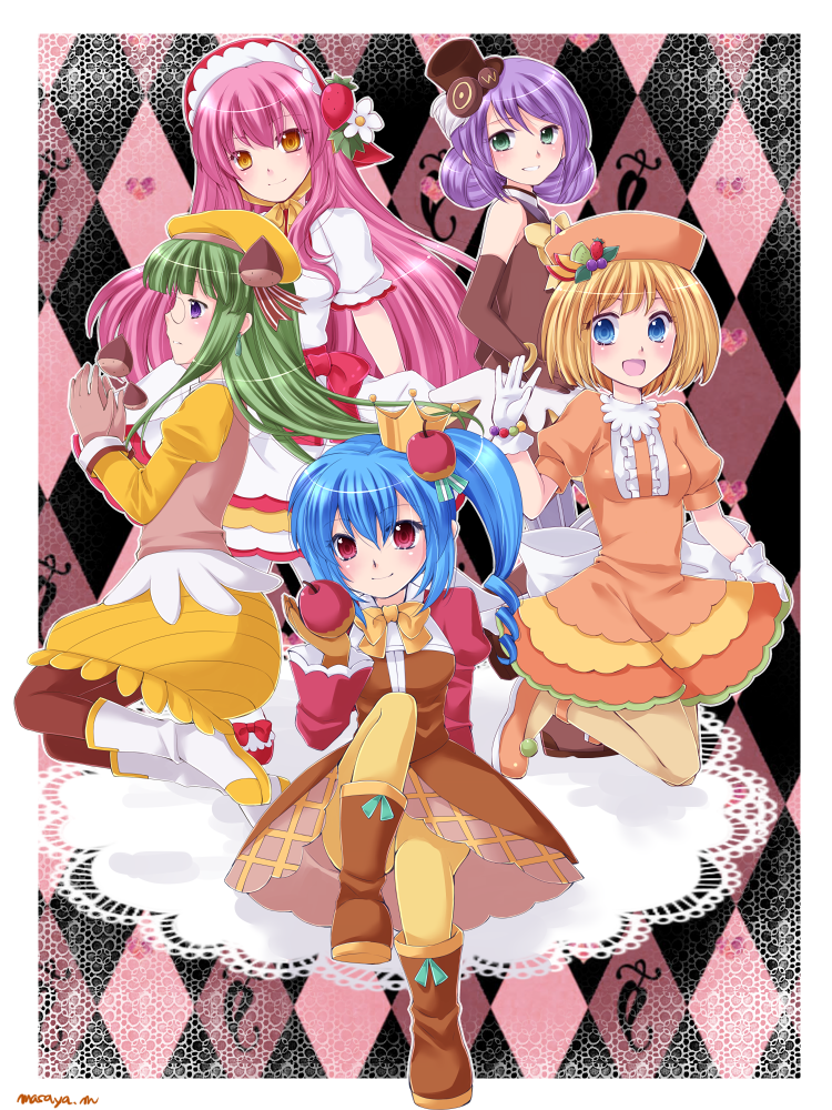 5girls, apple, applepina, argyle, argyle_background, blonde_hair, blue_eyes, blue_hair