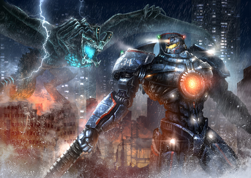 arm_blade, battle, city, damaged, gipsy_danger, glowing, kaijuu, lightning, mecha, monster, no_humans, otachi, pacific_rim, rain, science_fiction, super_robot, weapon, ze-l