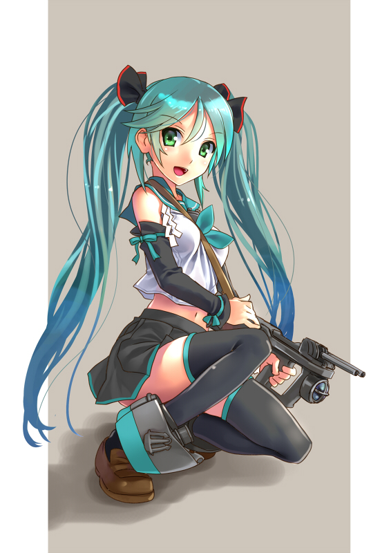 1girl, aqua_eyes, aqua_hair, black_legwear, blush, cosplay, detached_sleeves, hair_ribbon