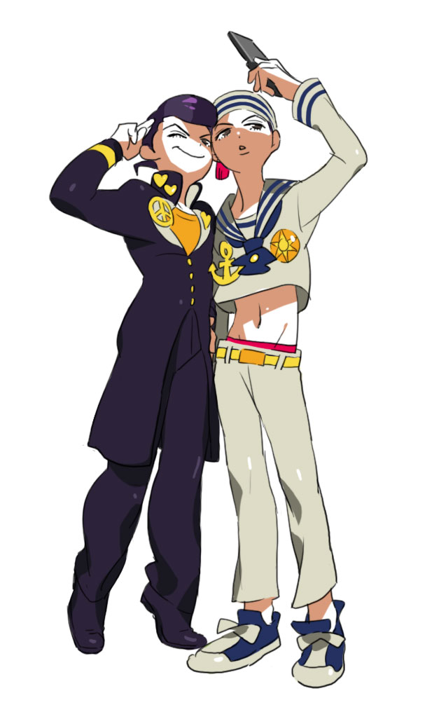 2boys, anchor, black_hair, cellphone, cellphone_camera, dixie_cup_hat, eyelashes, gakuran