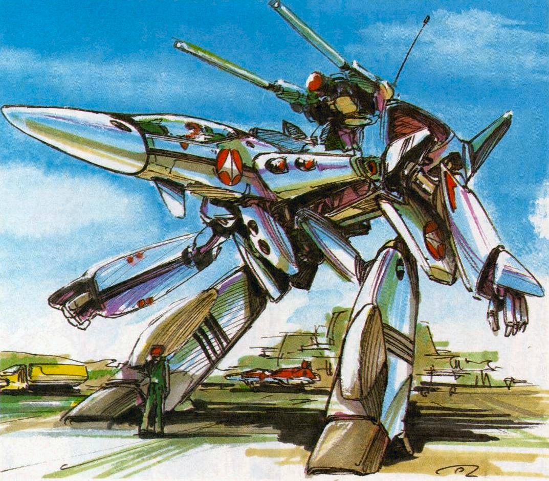 cannon, choujikuu_yousai_macross, gerwalk, kawamori_shouji, macross, macross_flashback_2012, mecha, official_art, oldschool, production_art, sky, the_super_dimension_fortress_macross, tornado_pack, vf-4, vfx-4