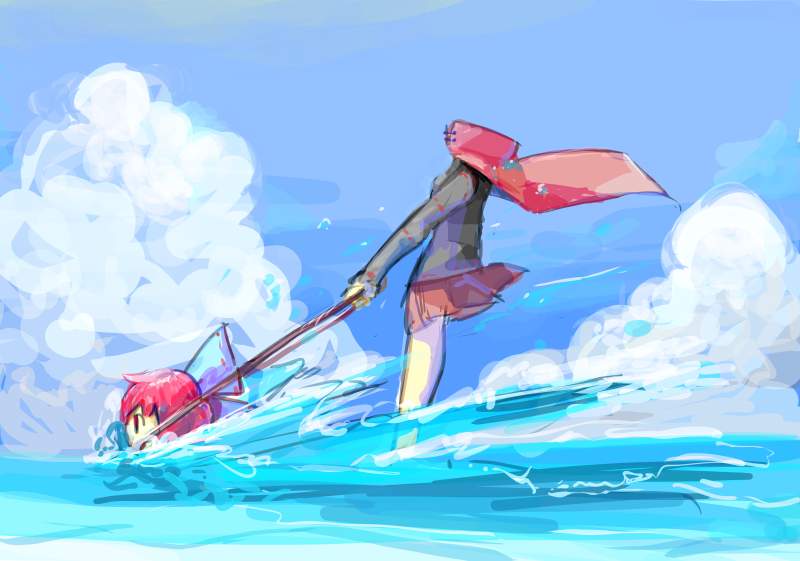 bow, cape, clouds, disembodied_head, dress, hair_ribbon, jet_ski, mitsubamushi_coreless