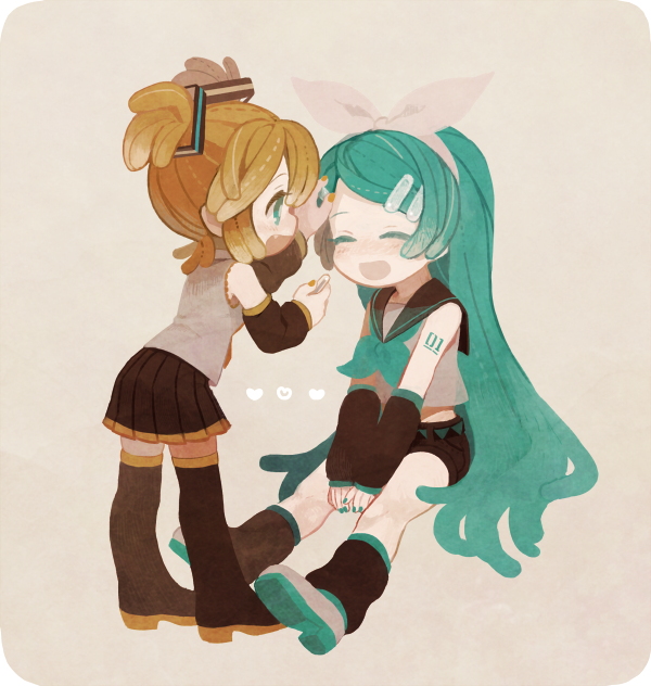 2girls, alternate_hairstyle, aqua_hair, blonde_hair, blue_eyes, chibi, cosplay, fang