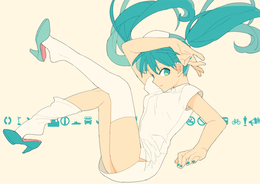 1girl, alternate_costume, aqua_eyes, aqua_hair, hatsune_miku, long_hair, plumice, smile, solo, thighhighs, twintails, vocaloid