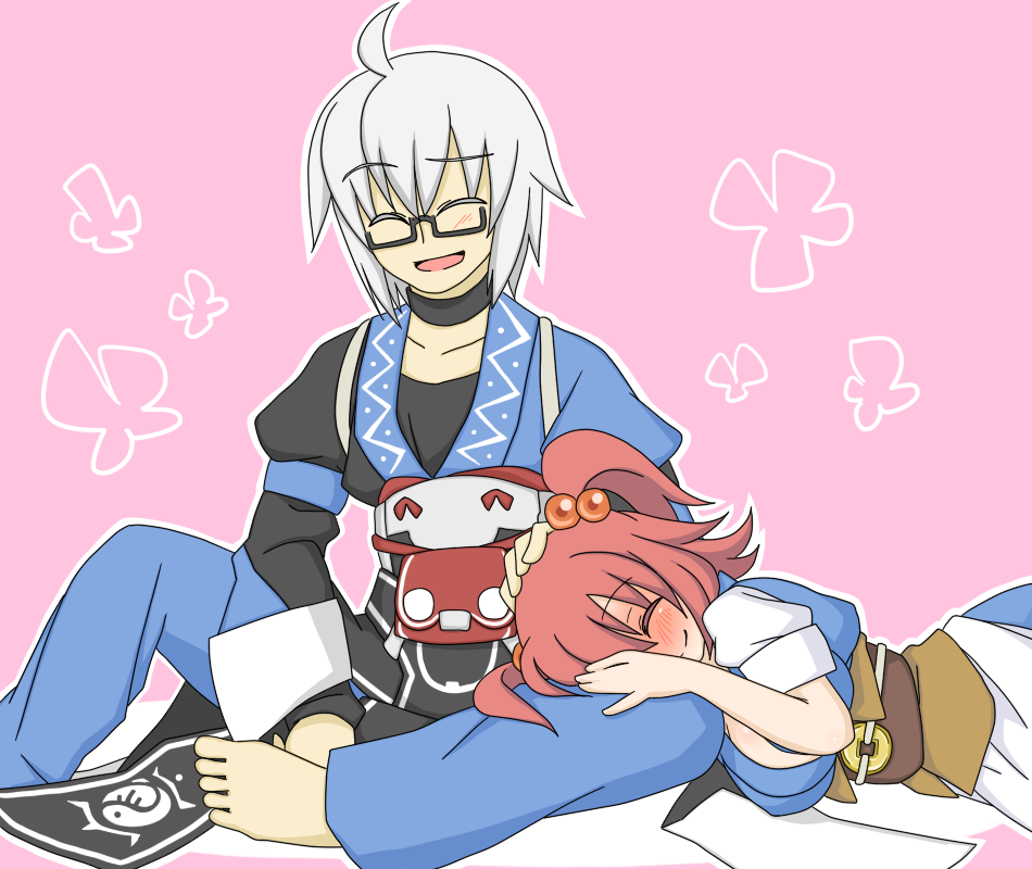 1boy, 1girl, ahoge, blush, feet, glasses, grey_hair, happy