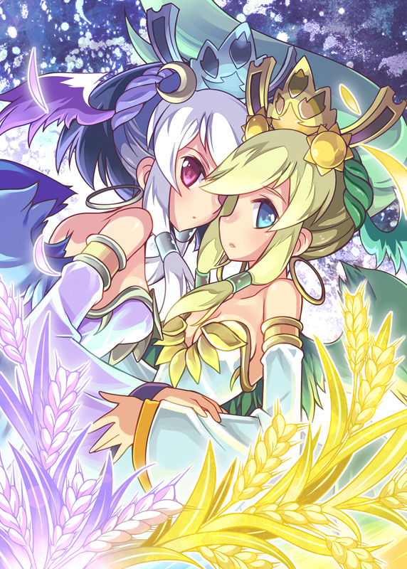 2girls, bare_shoulders, blonde_hair, blue_eyes, ceres_(p&amp;d), detached_sleeves, dual_persona, hair_tubes