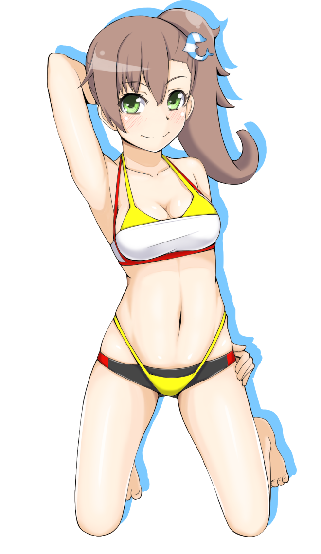 1girl, bikini, brown_hair, butterfly_hair_ornament, chousoku_henkei_gyrozetter, female, green_eyes, hair_ornament