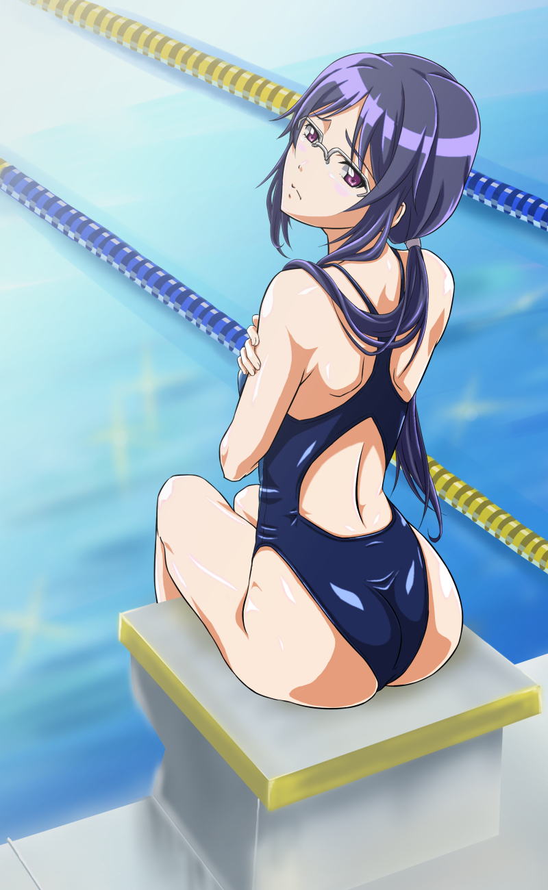 1girl, black_hair, competition_swimsuit, glasses, highres, long_hair, looking_back, loveemon