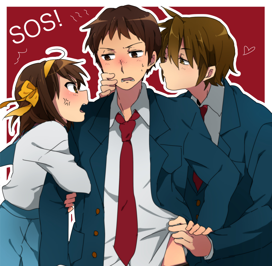 1girl, 2boys, anger_vein, arm_hug, brown_eyes, brown_hair, hapoa, kiss, koizumi_itsuki, kyon, multiple_boys, school_uniform, serafuku, short_hair, suzumiya_haruhi, suzumiya_haruhi_no_yuuutsu, wink