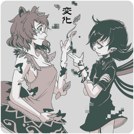 2girls, animal_ears, asymmetrical_wings, breasts, digital_dissolve, dissolving, dress, futatsuiwa_mamizou