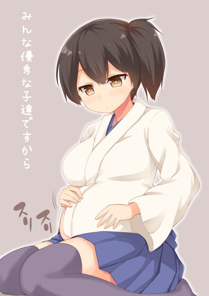 1girl, binsen, blush, breasts, brown_eyes, brown_hair, japanese_clothes, kaga_(kantai_collection)