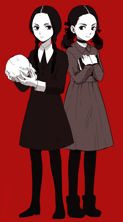 2girls, addams_family, black_eyes, black_hair, book, braid, crossover, dress, esther_(orphan), momitarou, multiple_girls, orphan, red_background, skull, spot_color, twin_braids, twintails, wednesday_addams