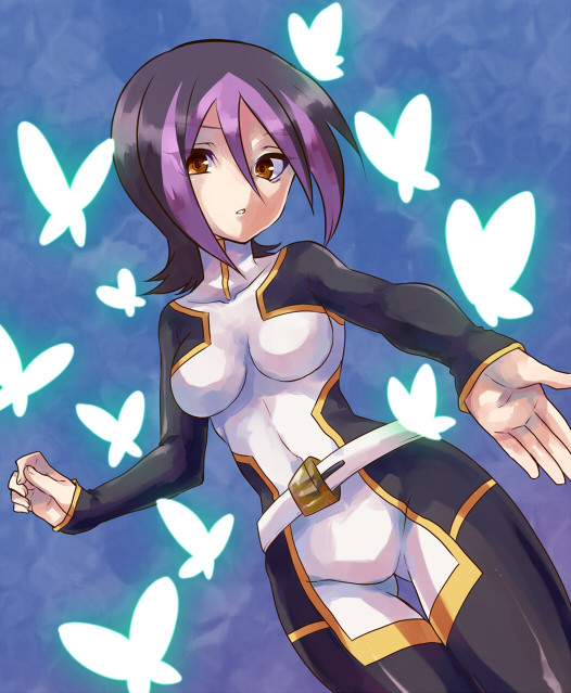 1girl, belt, black_hair, bodysuit, butterfly, droite_(yuu-gi-ou_zexal), irouha, looking_at_viewer