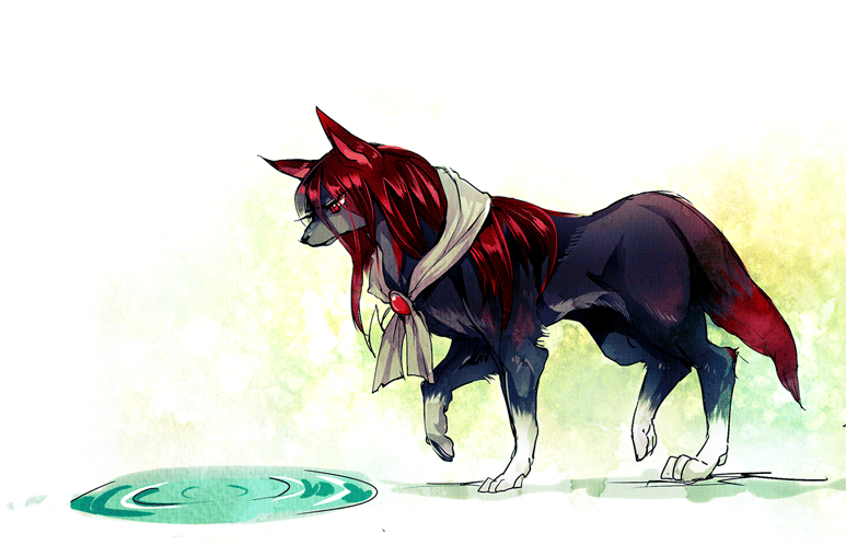 1girl, animal_ears, artist_request, brooch, imaizumi_kagerou, imaizumi_kagerou_(wolf), jewelry, puddle