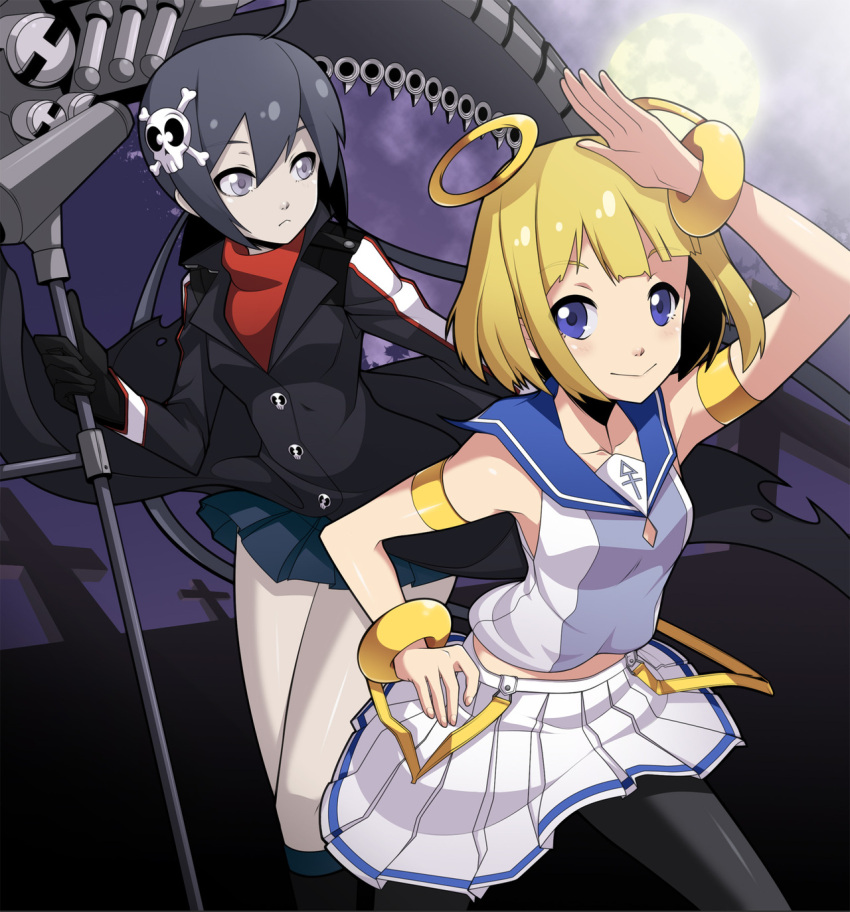 2girls, armlet, bare_legs, black_gloves, black_hair, blonde_hair, blue_eyes, blush_stickers