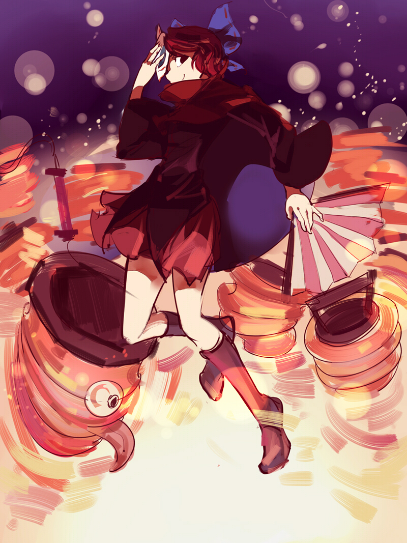 1girl, boots, bow, cape, chouchin_obake, fan, folding_fan, fox_mask