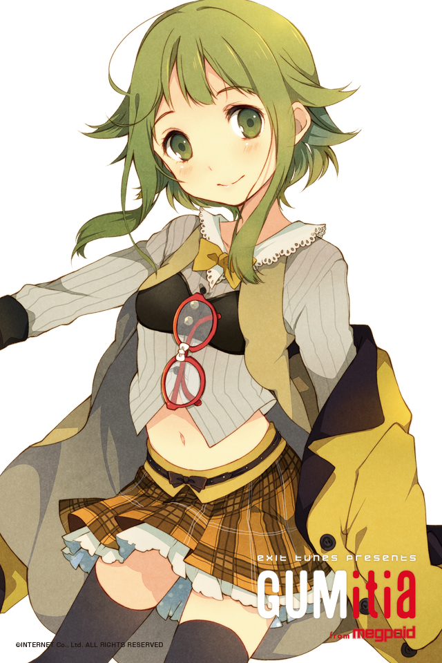 1girl, black_legwear, blush, english, exit_tunes, glasses, glasses_removed, green_eyes, green_hair, gumi, jacket, jacket_off_shoulders, midriff, navel, official_art, ousaka_nozomi, payot, plaid, plaid_skirt, red-framed_glasses, short_hair, simple_background, skirt, smartphone_wallpaper, smile, solo, thighhighs, vocaloid, white_background, zettai_ryouiki