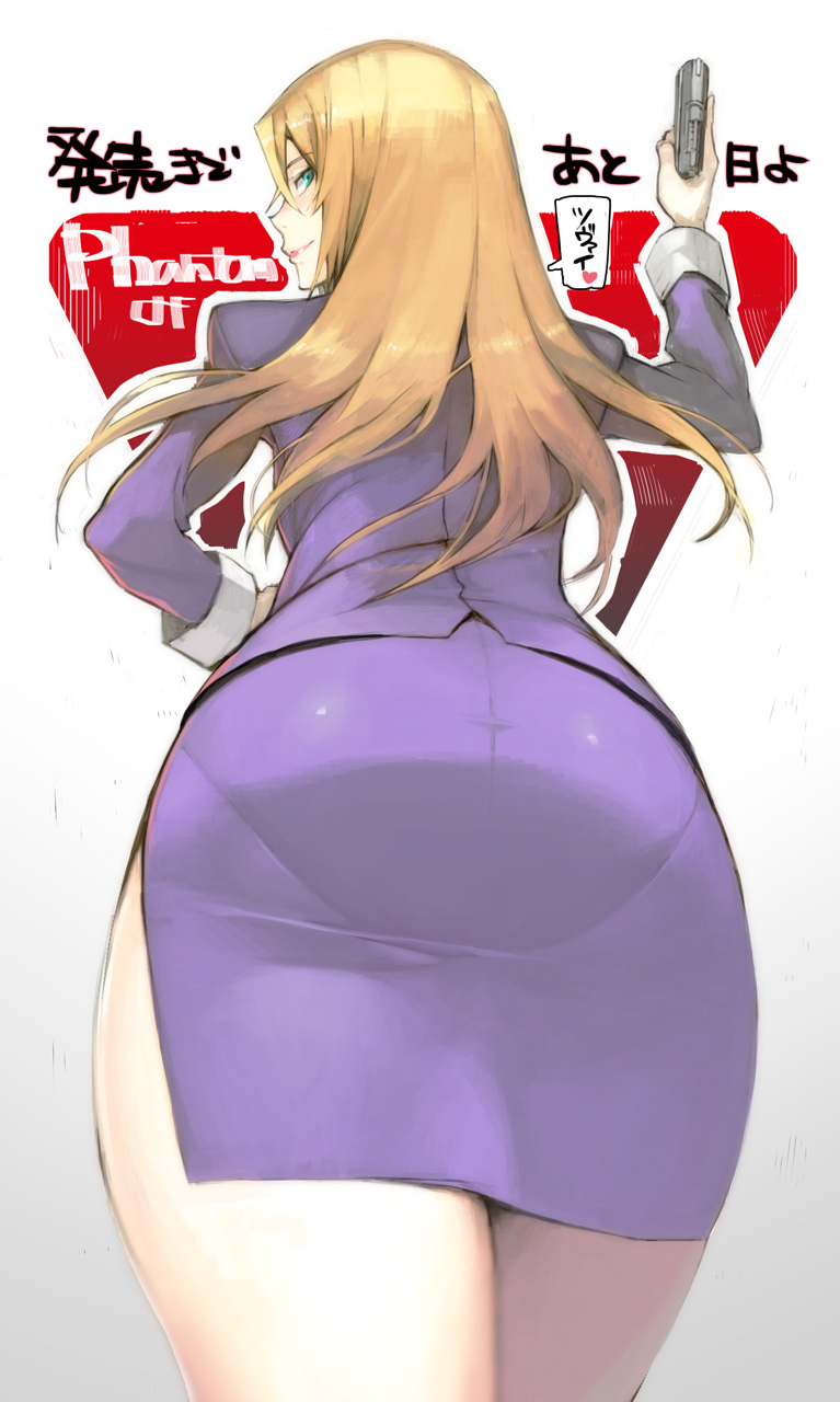 1girl, ass, blonde_hair, business_suit, claudia_mccunnen, gradient, gradient_background, green_eyes