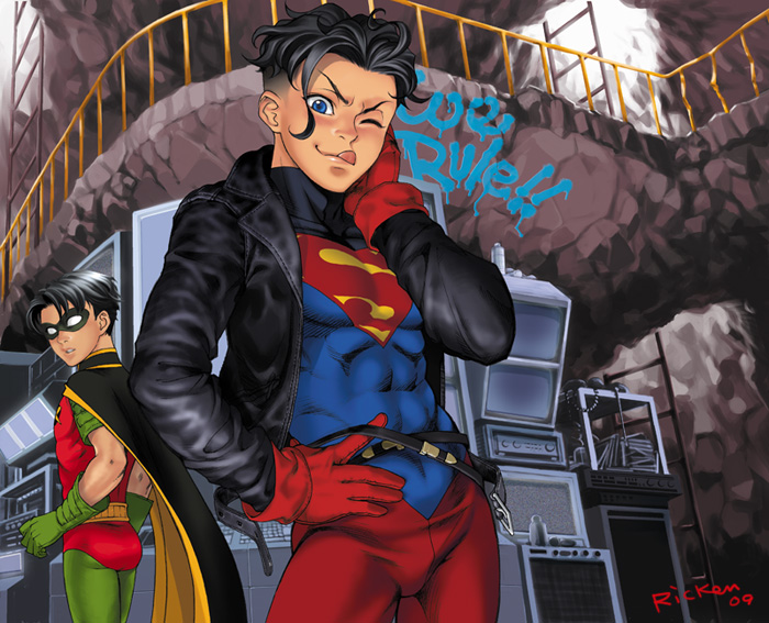 >;d, 2boys, ass, bart_allen, belt, black_hair, blank_eyes, blue_eyes, bodysuit, cape, cave, clothed_navel, computer, contrapposto, curly_hair, dc_comics, eyelashes, gloves, hand_on_belt, hand_on_hip, hand_on_own_face, jacket, ladder, leather_jacket, lips_parted, looking_at_viewer, looking_back, looking_over_shoulder, male, mask, monitor, multiple_boys, muscle, ricken, screen, signature, standing, young_justice