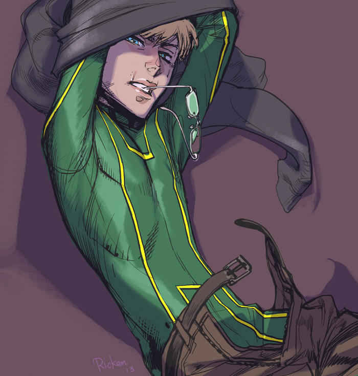 aqua_eyes, arms_up, blonde_hair, bodysuit, glasses_in_mouth, kick-ass, kick-ass_(character), lips_parted