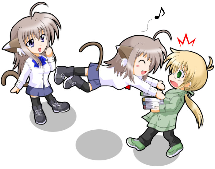 ahoge, aria, aria_lieze, blush, boots, bow, brown_hair, fang